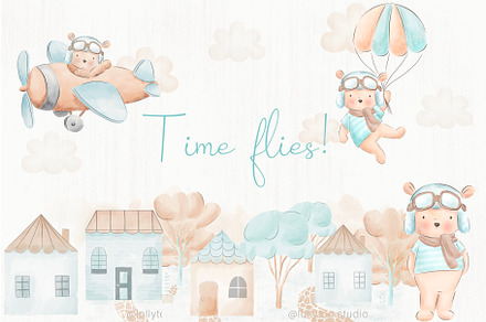 Time Flies, Airplane bear watercolor, an Illustration by Lolytop Studio