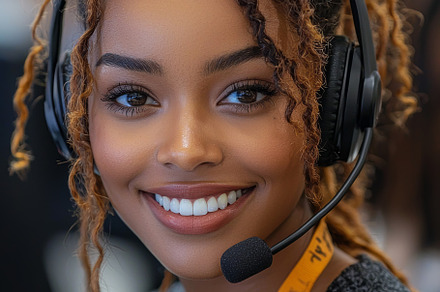 Smiling young woman working in a customer service role with a headset, a Photo by AS photostudio