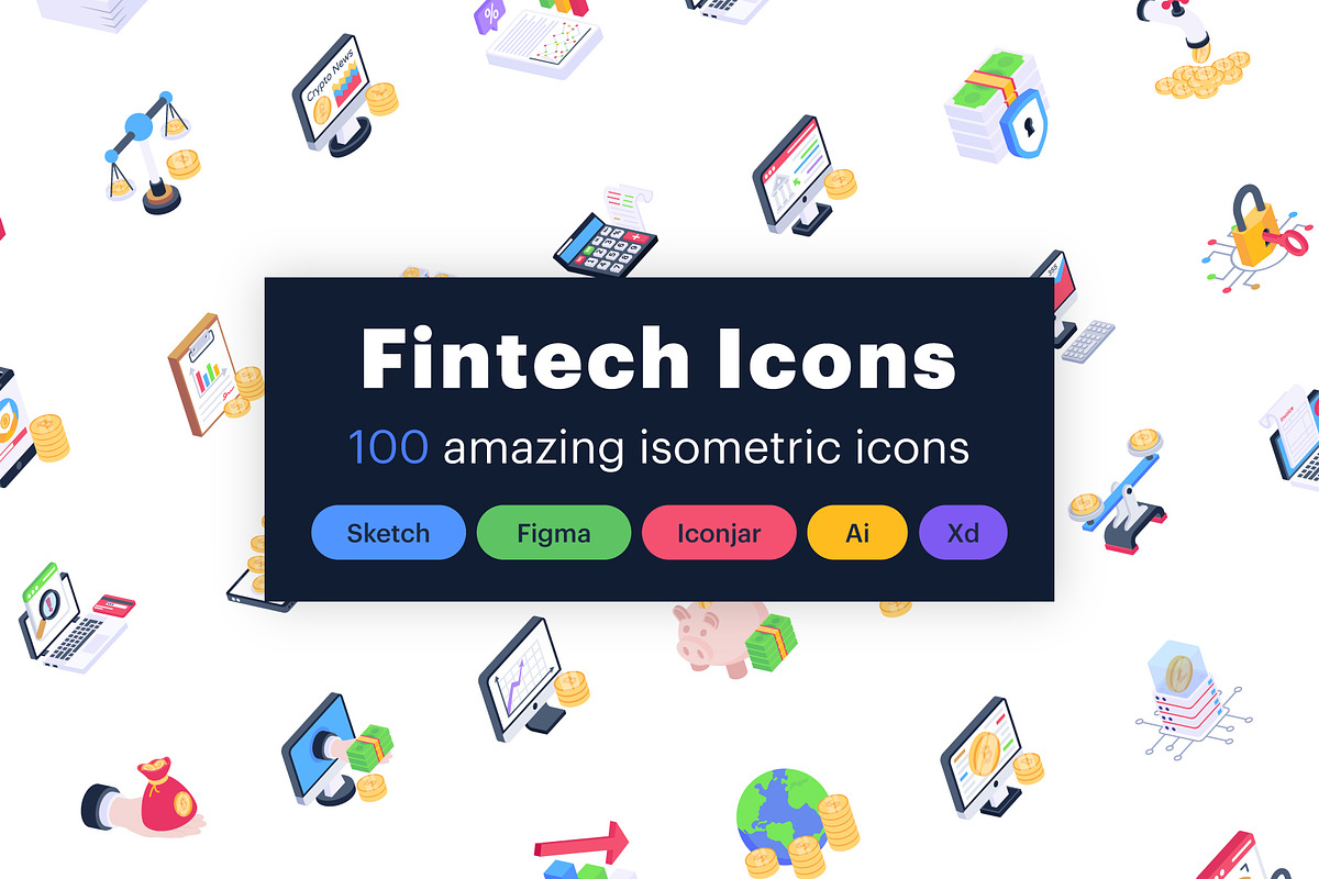 100 Fintech isometric icons, an Outline Icon by Brickclay (Photo 1 of 6)