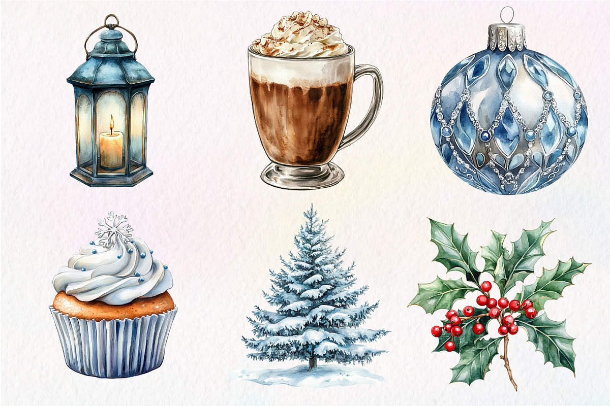 Silver Christmas Watercolor Clipart, an Illustration by Dream Creation (Photo 2 of 7)