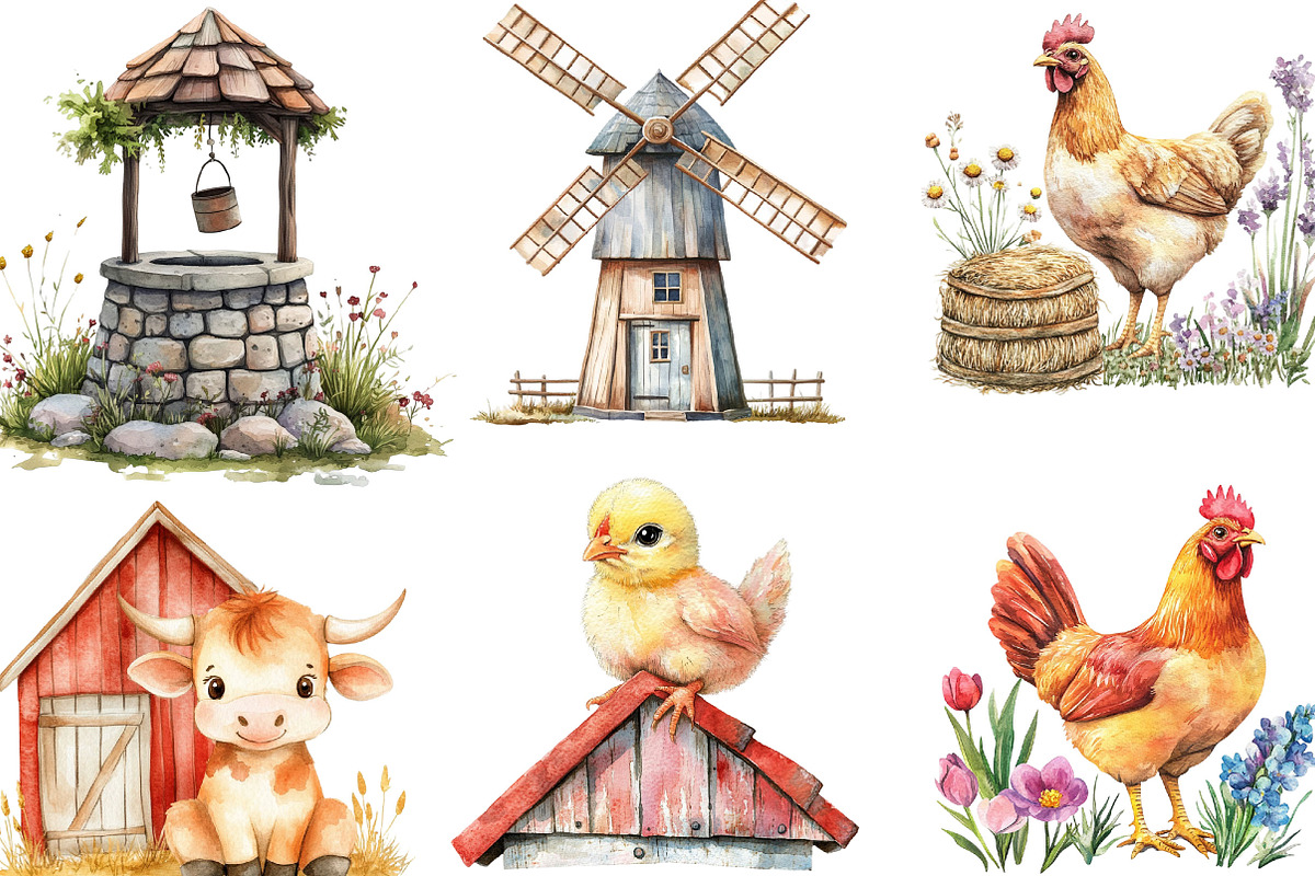 Watercolor Farm Animals Clipart Set, an Illustration by Designking (Photo 2 of 5)