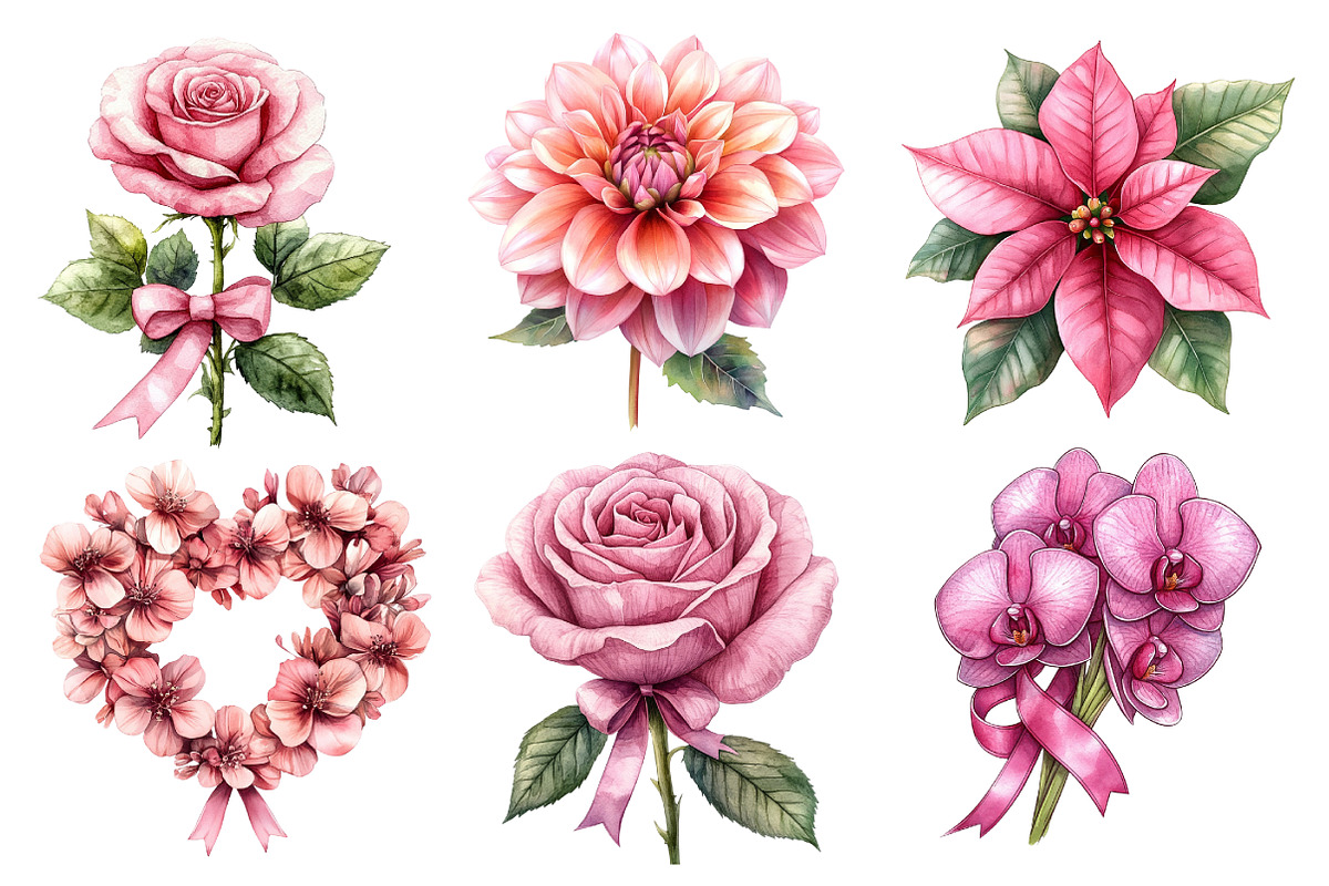 Pink Flowers Watercolor Clipart, an Illustration by Dream Creation (Photo 6 of 7)