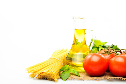 Spaghetti with tomatoes olive oil featuring basil, canvas, and cooking, a Food & Drink Photo by oksix