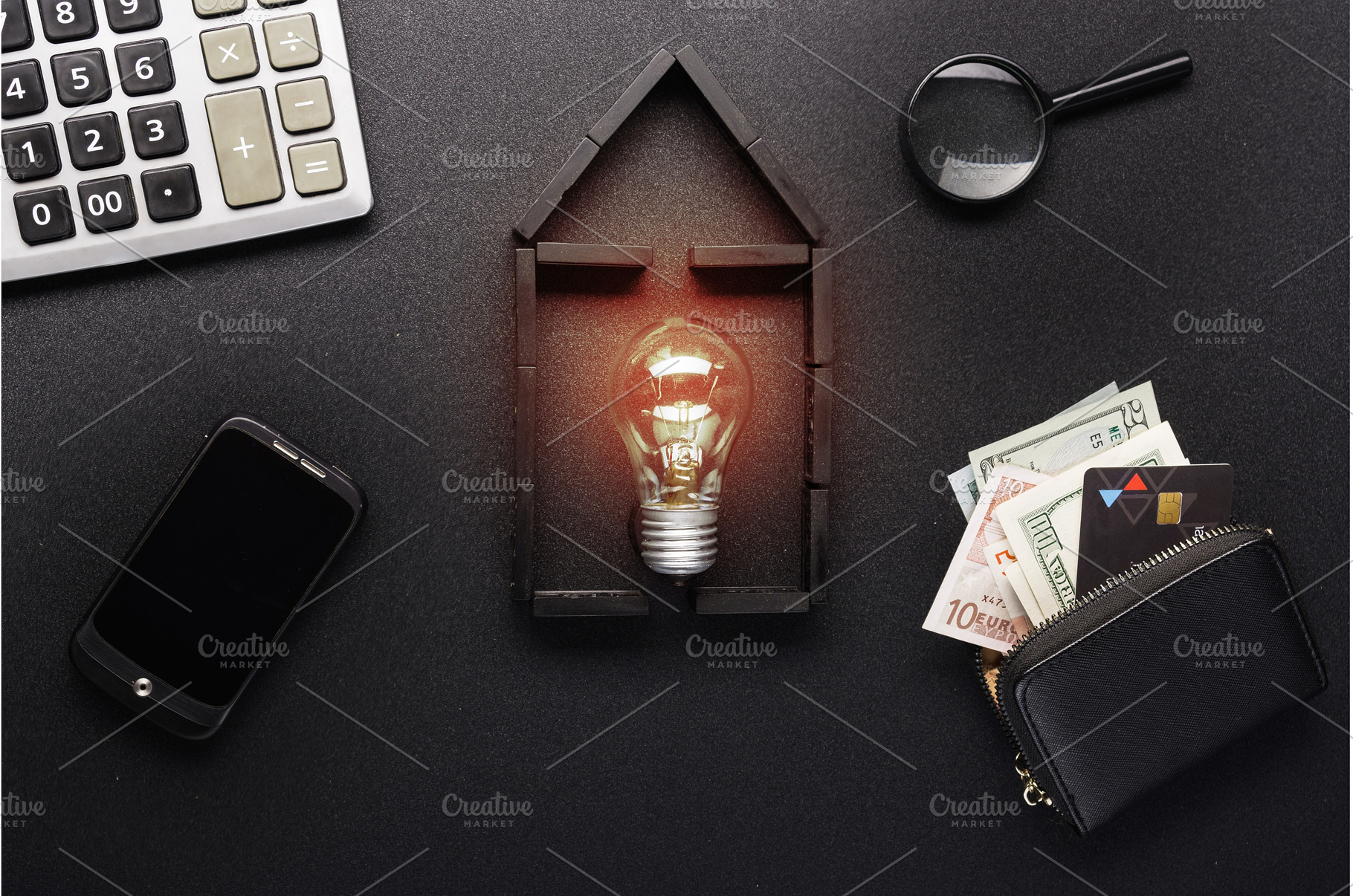 Flat lay domino house with glowing, a Business Photo by Stockphoto by vzwer