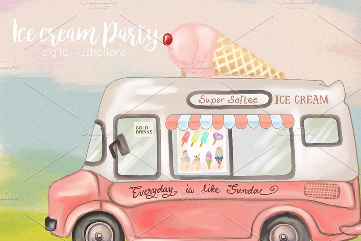 Ice Cream Watercolor Digital, an Illustration by Whimseez (Photo 2 of 4)