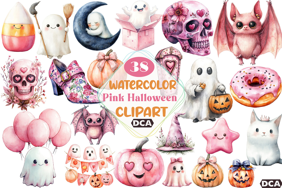 Cute Pink Halloween Clipart, an Illustration by DreamCafeArt (Photo 1 of 5)