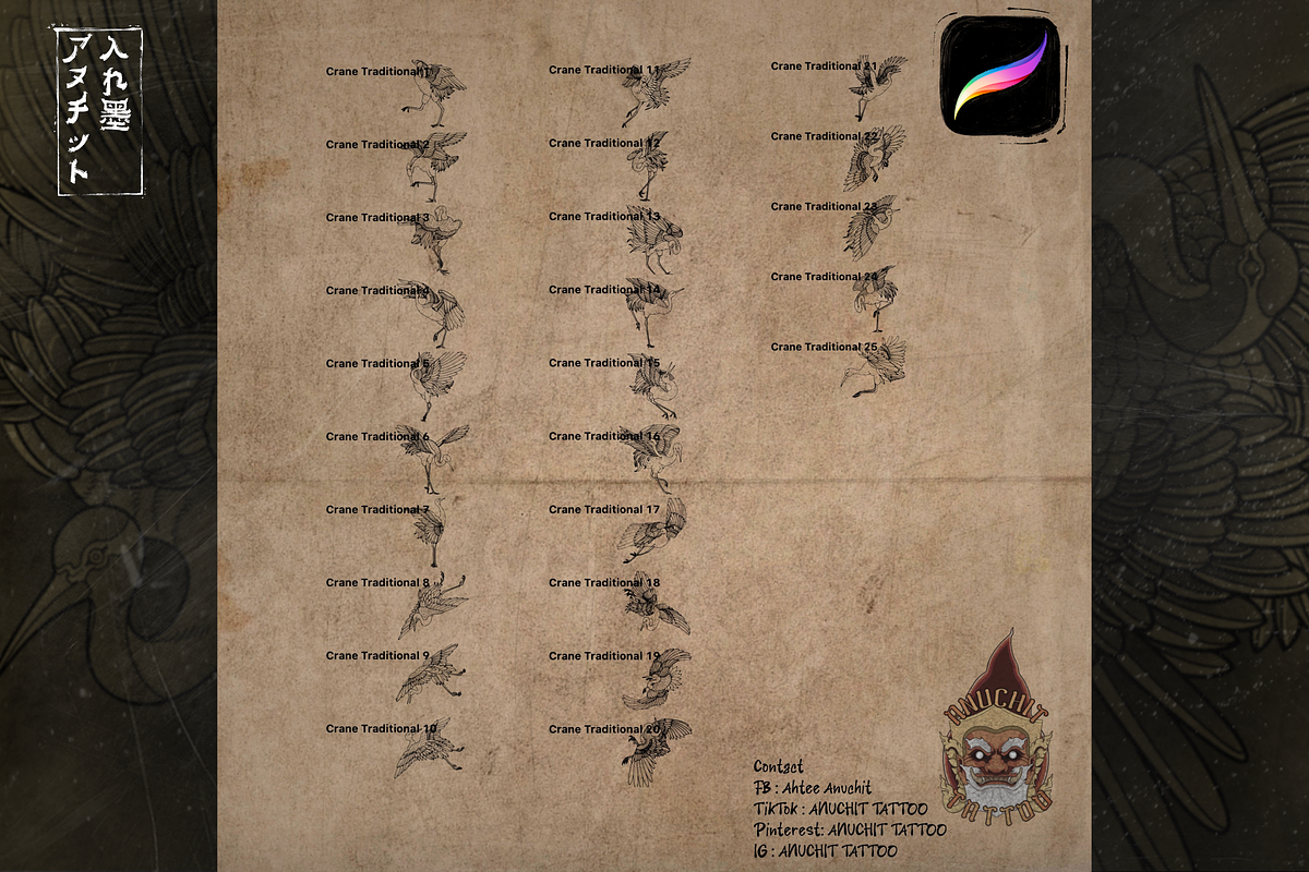 25 Crane Japanese Procreate Brush, a Brush Add-On by AnuchitTATTOO (Photo 5 of 5)