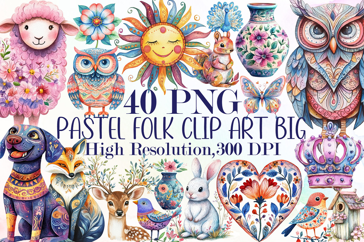 Pastel Folk Clip Art Big Collection, an Illustration by Sublimation Artist (Photo 1 of 6)