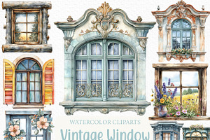 Vintage Window Watercolor Clipart, an Illustration by Craft Nest