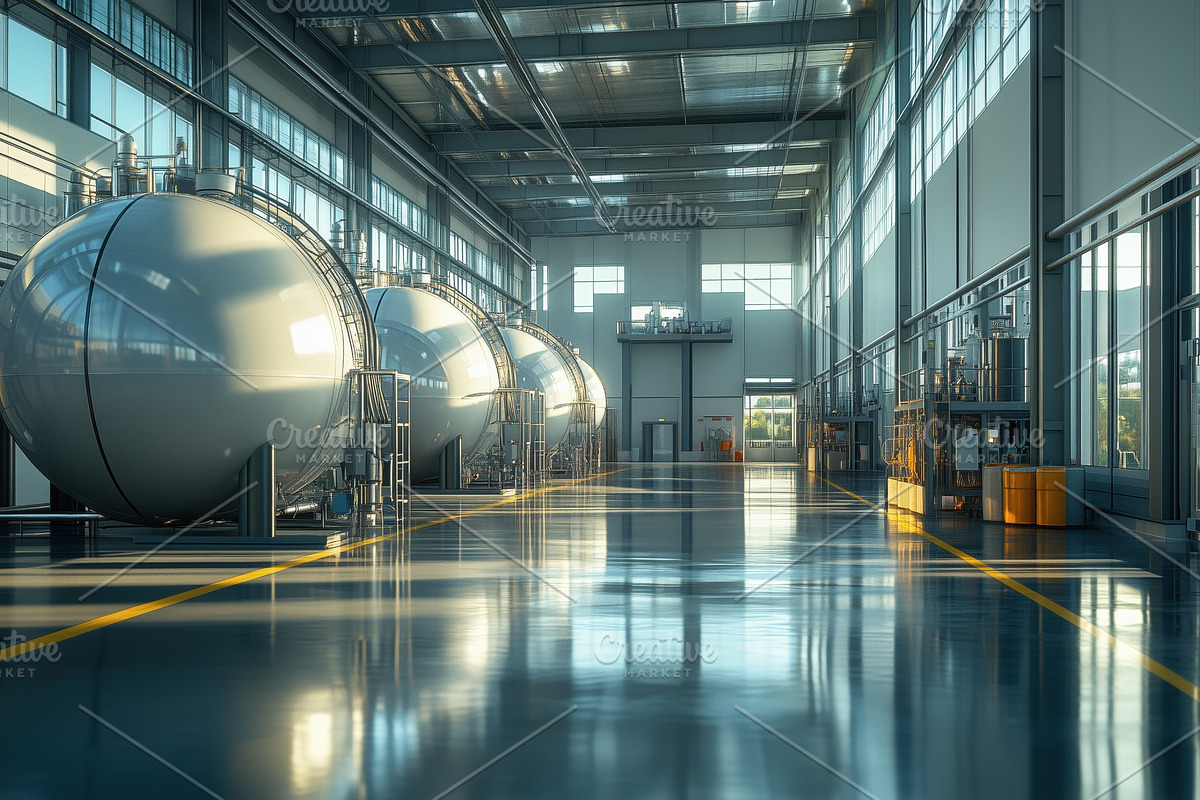 A spacious industrial facility featuring large spherical tanks, polished concre, an Industrial Photo by Textures & Backgrounds (Photo 1 of 2)