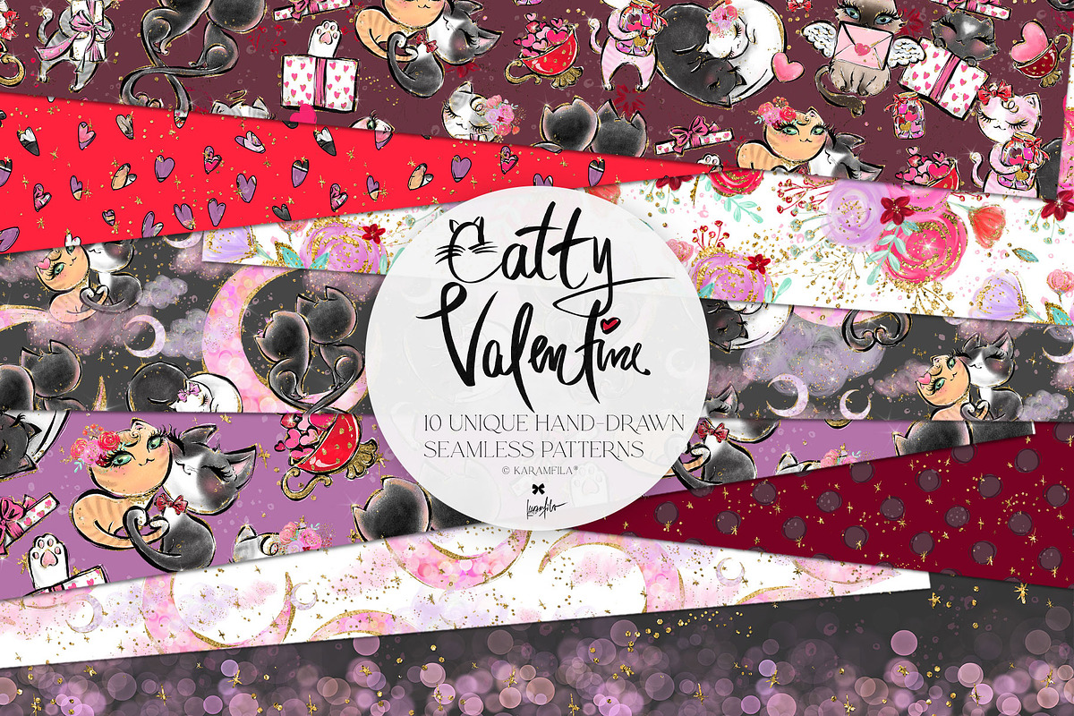 Valentine Cats Seamless Patterns Set, a Pattern Graphic by KaramfilaS (Photo 1 of 17)