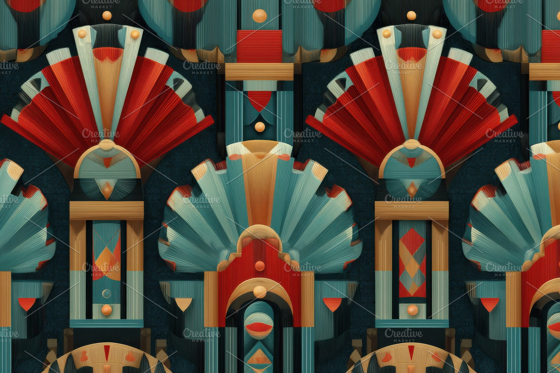 Art Deco Geometric Design Red Teal B, a Photo by Pixeness Studio