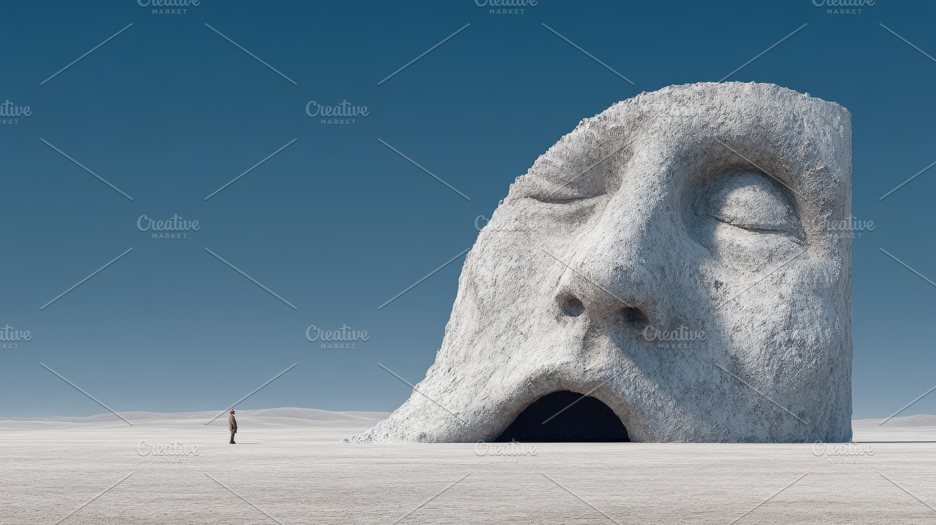 Serene desert scene with giant snow head sculpture and lone traveler under blue, a Photo by AS photostudio