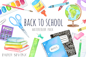 Watercolor School Supplies Art Pack