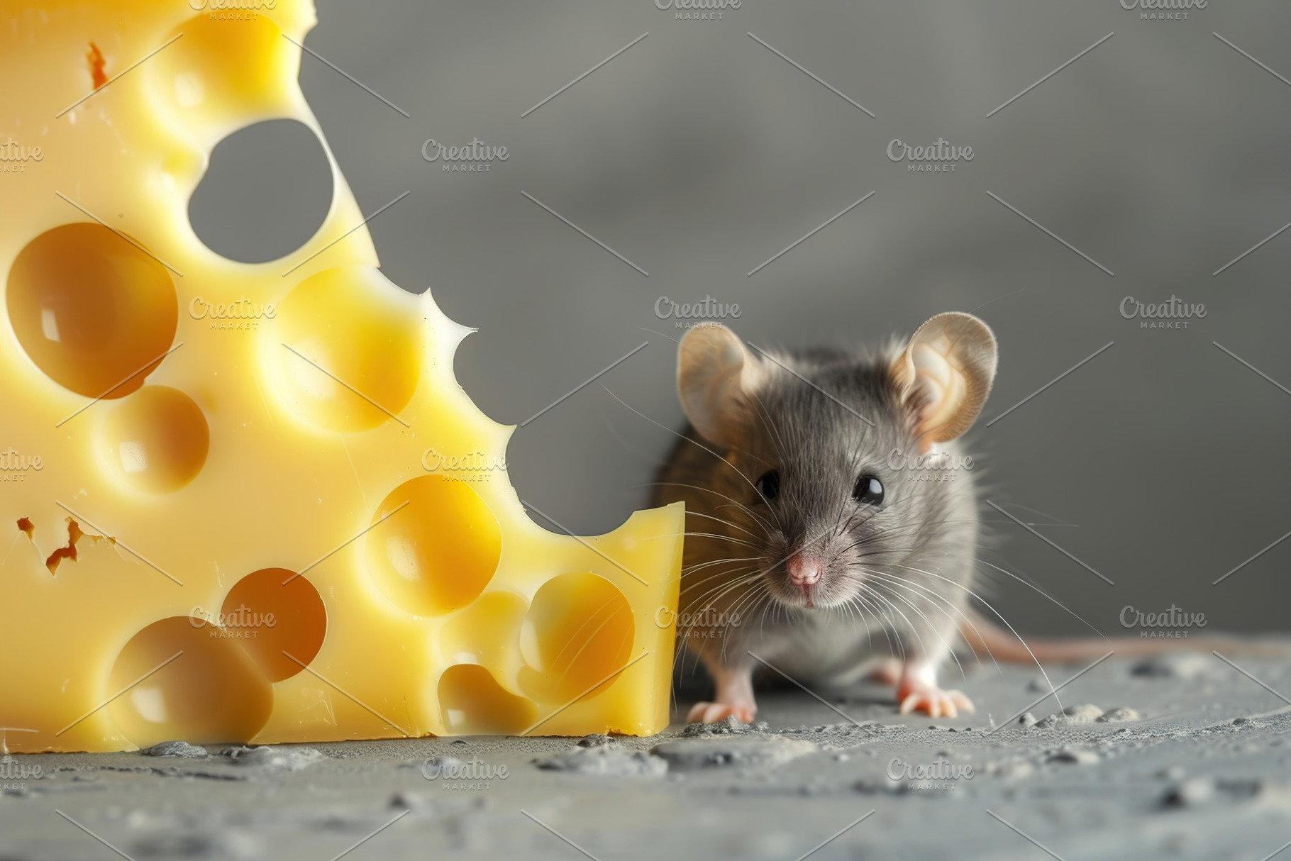 Little mouse with cheese on grey background, an Animal Photo by AlyaAnd