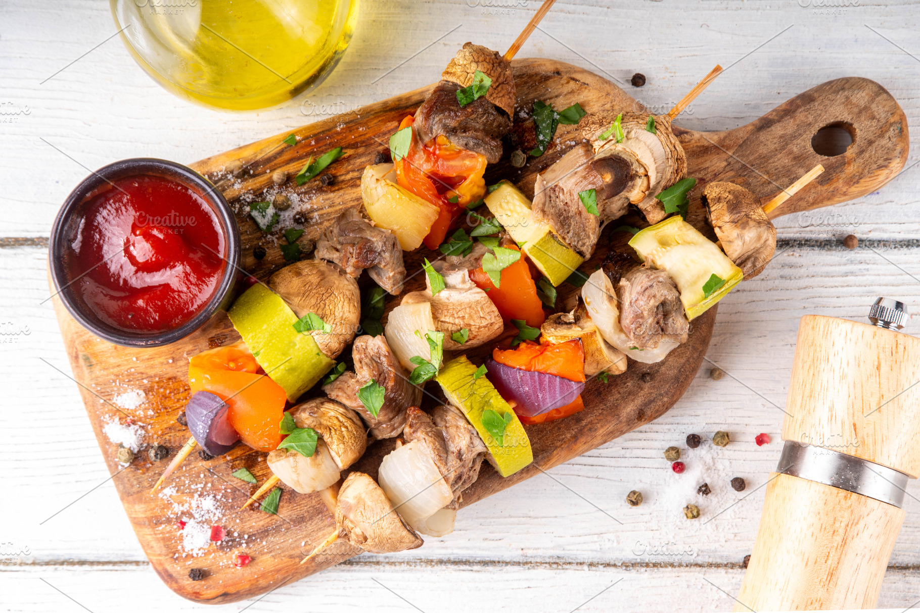 Grilled skewers with meat and vegetables, a Food & Drink Photo by Rimma