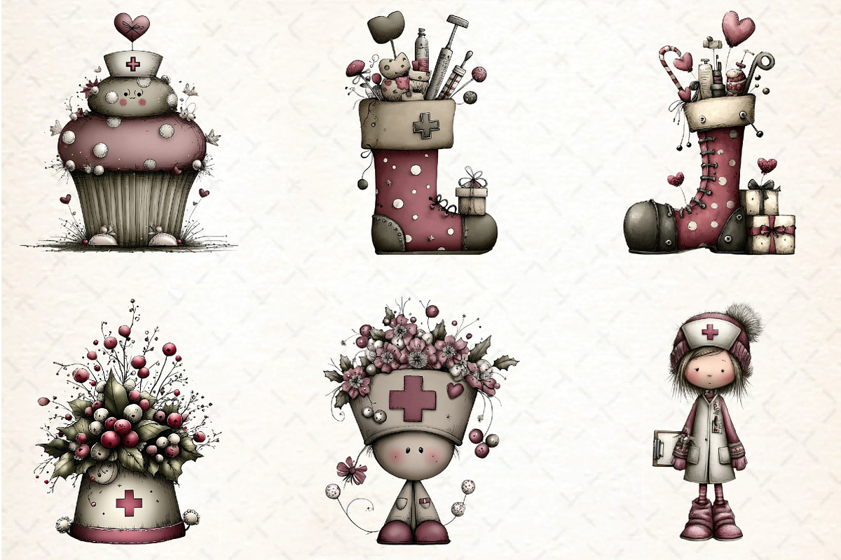 Whimsical Nurse Christmas Clipart, an Illustration by DreamCafeArt (Photo 3 of 8)