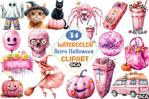 Pink Retro Halloween Clipart Bundle, an Illustration by DreamCafeArt