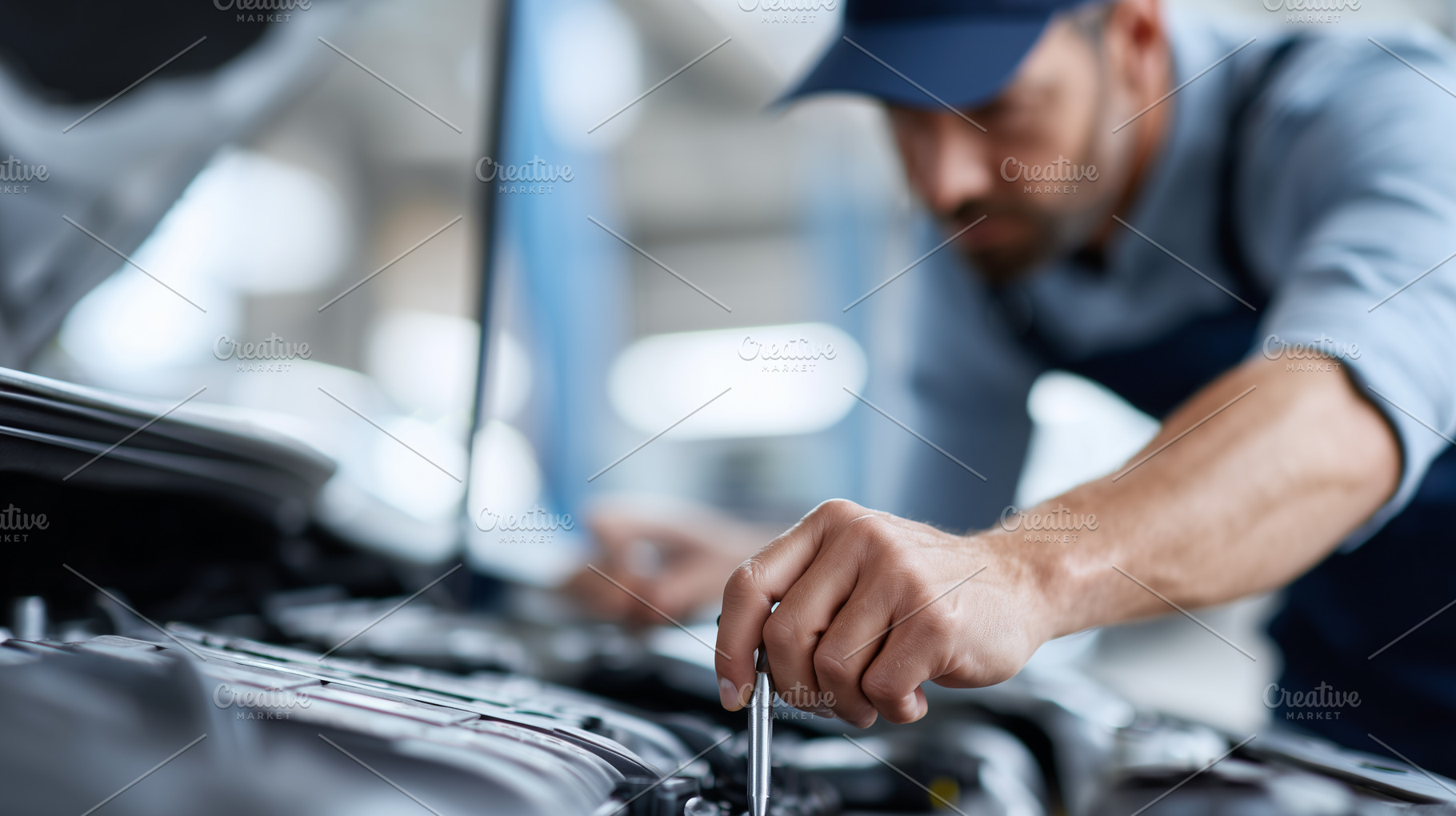 Focused car mechanic works under the, a Transportation Photo by MistyDay