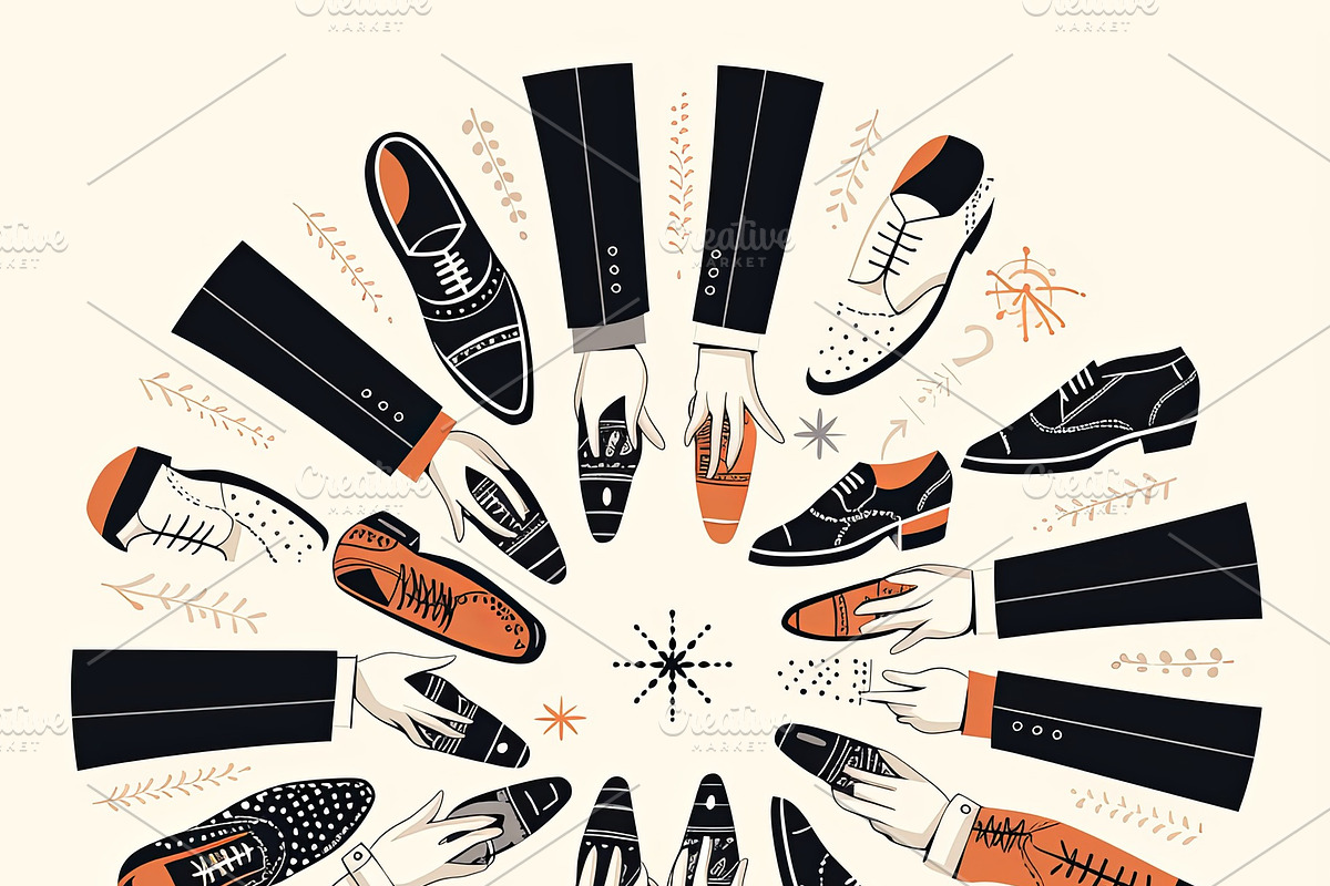 Hands and shoes arranged in a creative geometric composition, an Illustration by AS photostudio