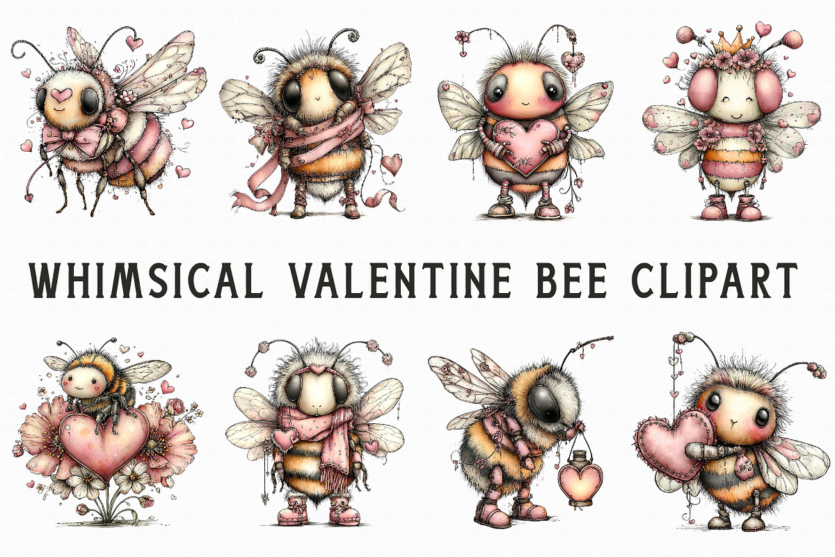 Whimsical Valentine Bee Clipart, an Illustration by Libby Wishes (Photo 2 of 4)