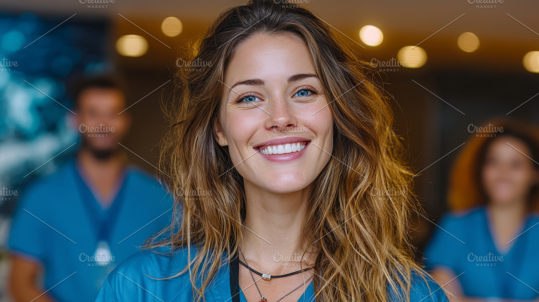 Smiling nurse in medical scrubs with a team in a hospital setting, a Health & Medical Photo by AS photostudio