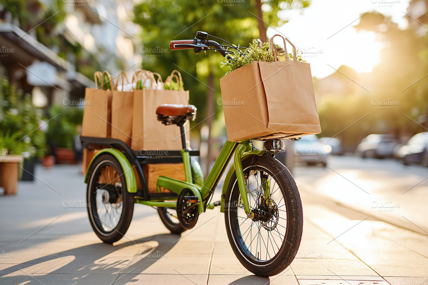 Cargo trike carrying bags of biodegradable products on a sunny day in a vibrant, a Transportation Photo by AlyaAnd