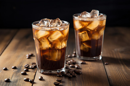 Iced coffee in glasses on wooden background, a Food & Drink Photo by AlyaAnd