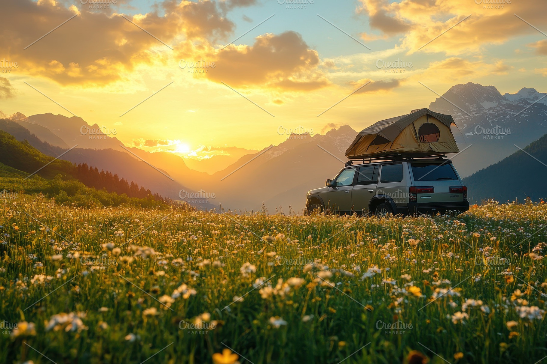 Rugged SUV parked in a flower filled, a Photo by Pavel_design