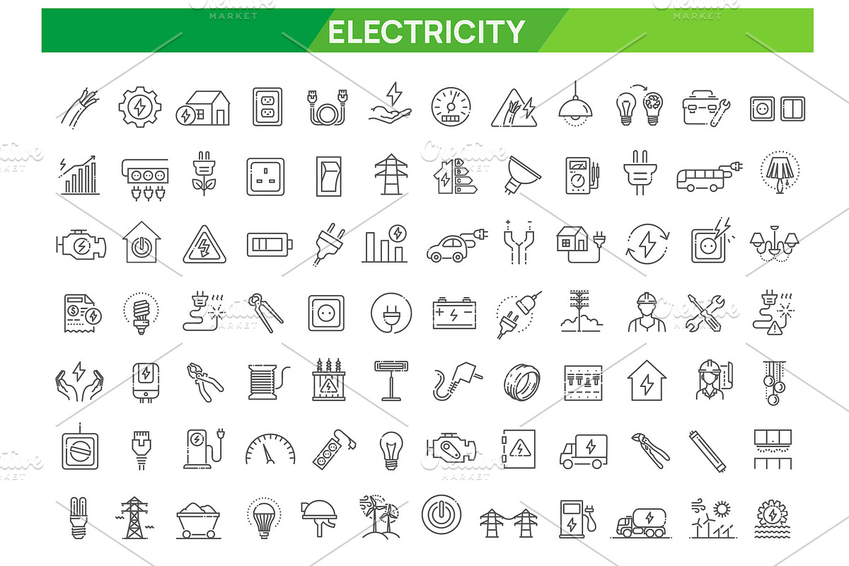 Electricity icons. Power symbols, an Object Illustration by Tettygreen (Photo 1 of 3)