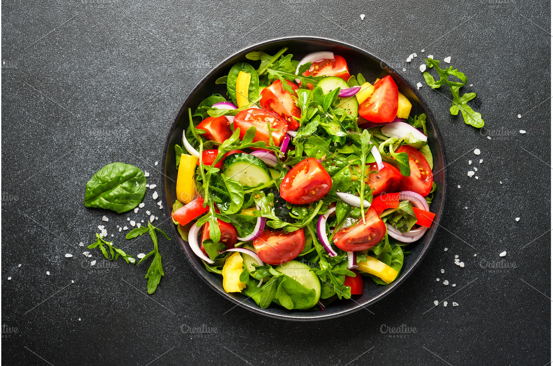 Salad with leaves, tomatoes, pepper, a Food & Drink Photo by Nadia-nb