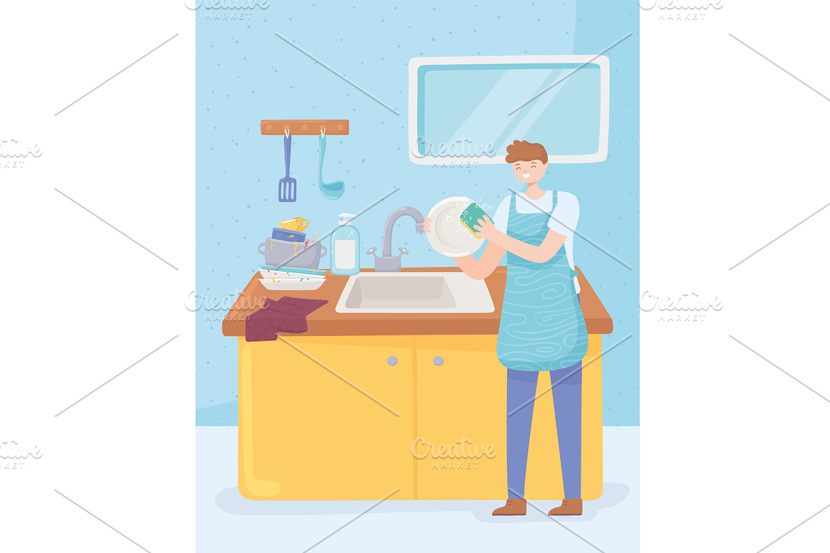 man washing in the kitchen, a Person Illustration by studiogstock