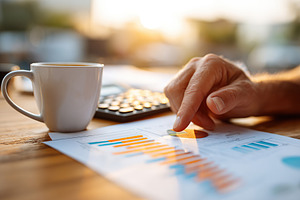 Analyzing graphs and calculations at a desk with coffee in the late afternoon s, a Photo by AlyaAnd