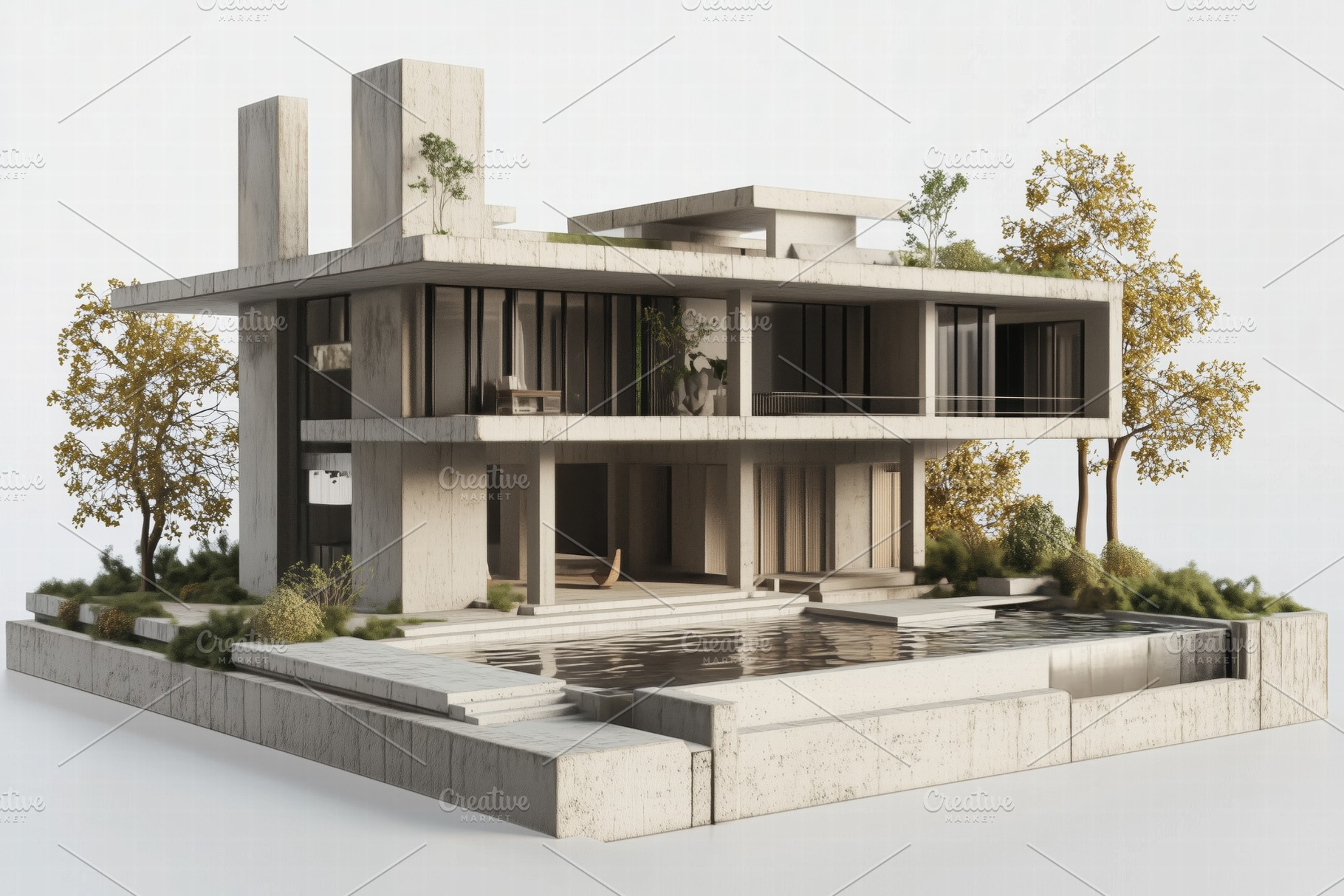 A modern architectural design featuring a concrete Brutalist style house  with l, an Architecture Photo by, image size:1820x1214