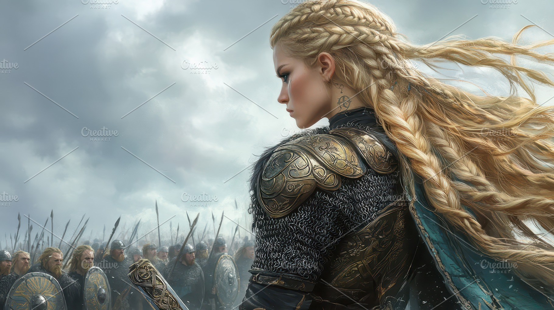 Female warrior in golden armor, standing confidently with her shield in front o, a Person Photo by Mashimara