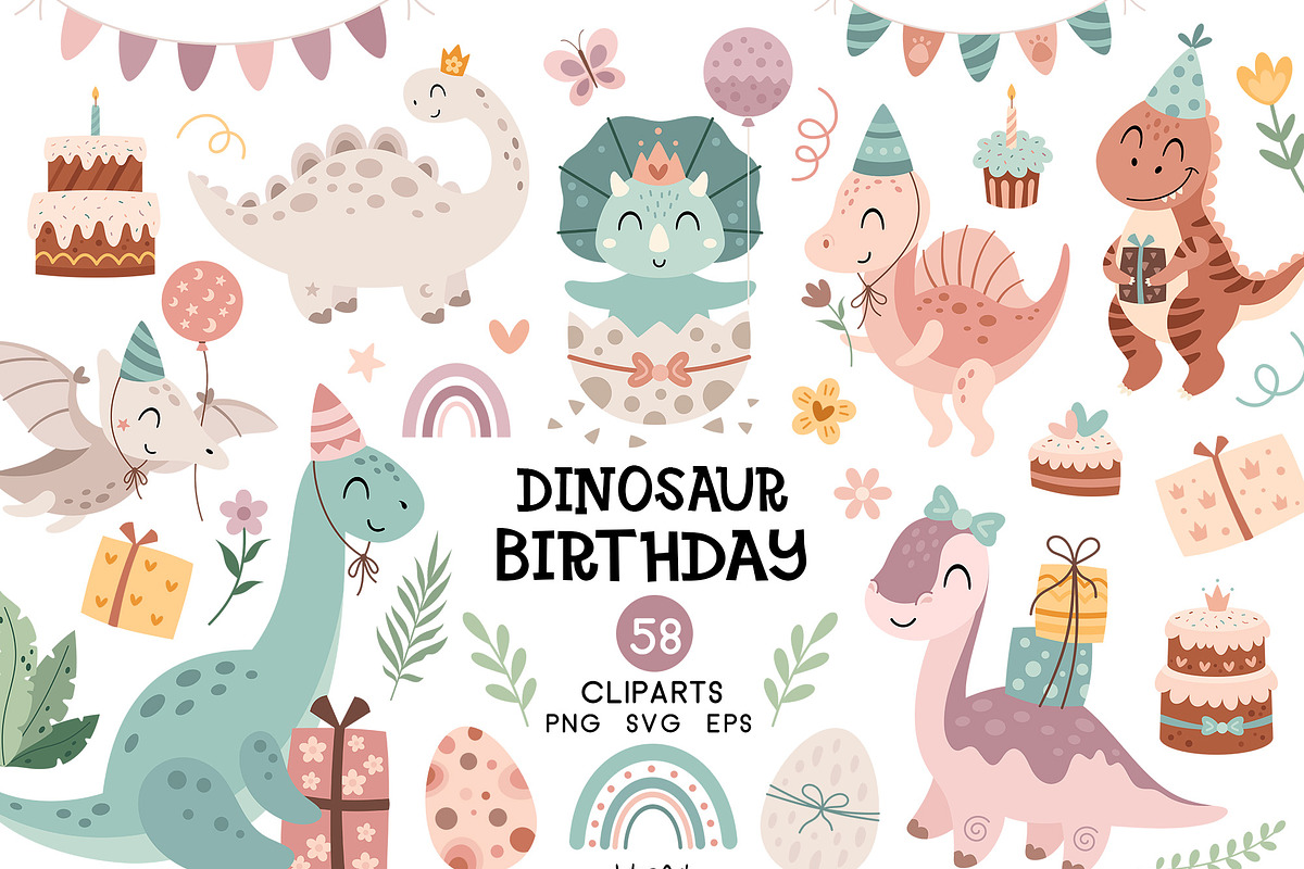 Dinosaur Birthday Clipart, an Animal Illustration by JulzaArt (Photo 1 of 6)