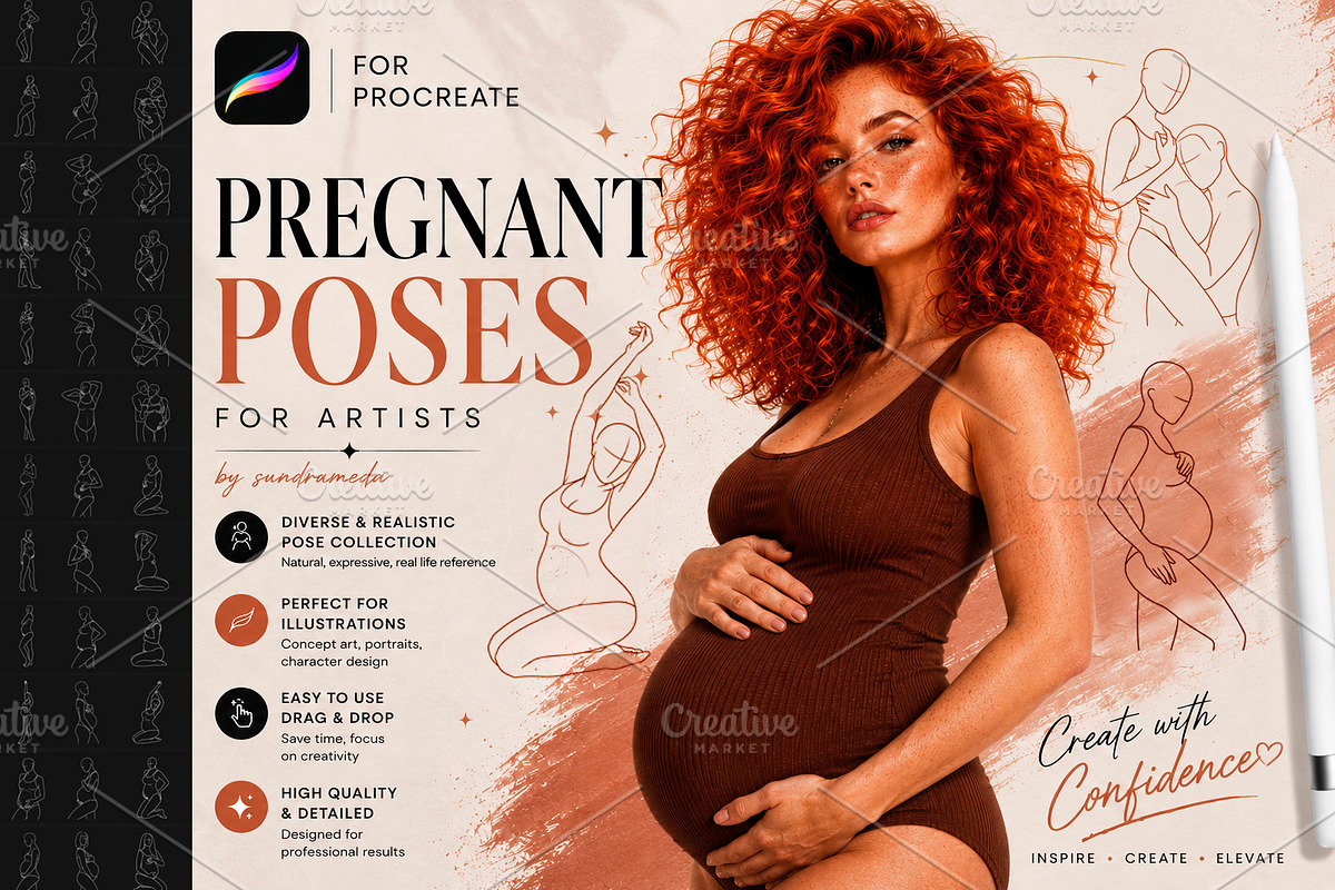 Pregnant Body Poses stamp Procreate, a Brush Add-On by sundrameda (Photo 1 of 10)