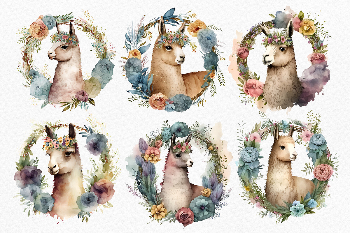 Watercolor wreath with alpaca flower, an Animal Illustration by Julia Bogdan (Photo 2 of 4)