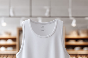 A plain white tank top mockup displayed in a retail setting, with a blurred bac