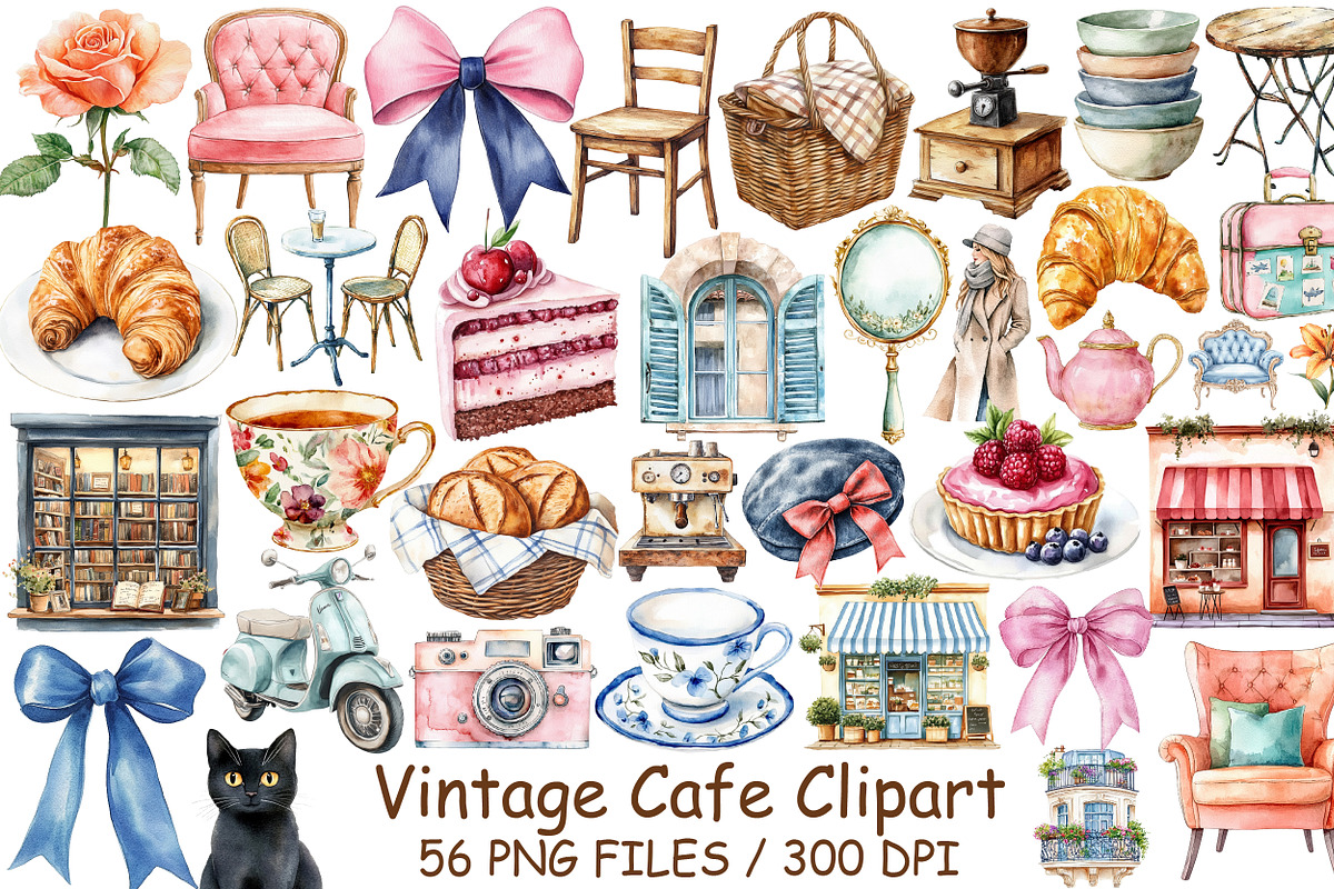 Watercolor Vintage Cafe Clipart, an Illustration by Design Market (Photo 1 of 5)