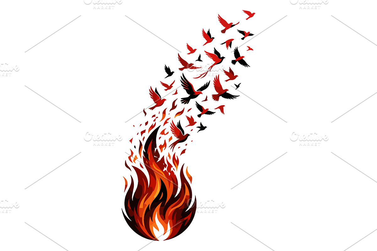 Fire flame transforms into birds, a Decorative Illustration by nandinigraphics (Photo 2 of 3)