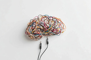 Tangled headphone wires creating an intricate and colorful knot on a white surf, a Photo by AlyaAnd