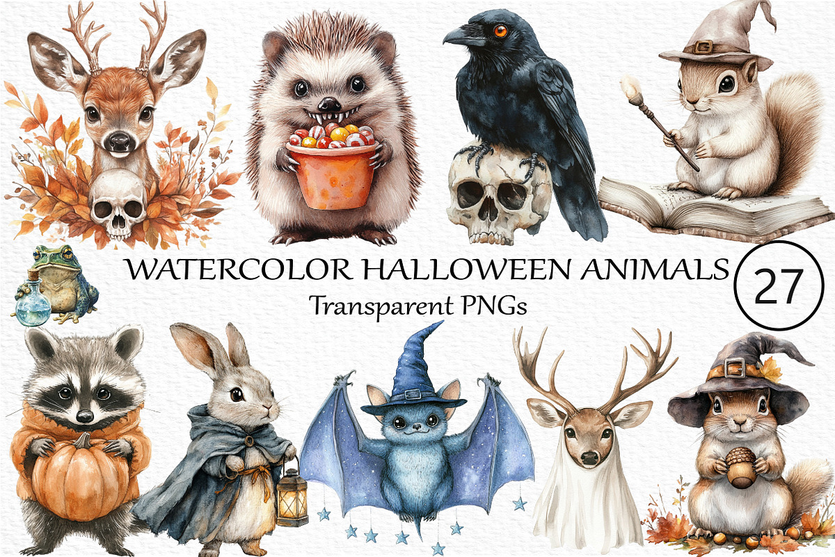 Watercolor Halloween Animals Clipart, an Illustration by Craft Nest (Photo 1 of 5)