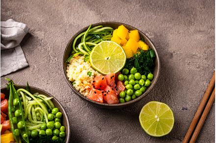 Healthy bowl with salmon and