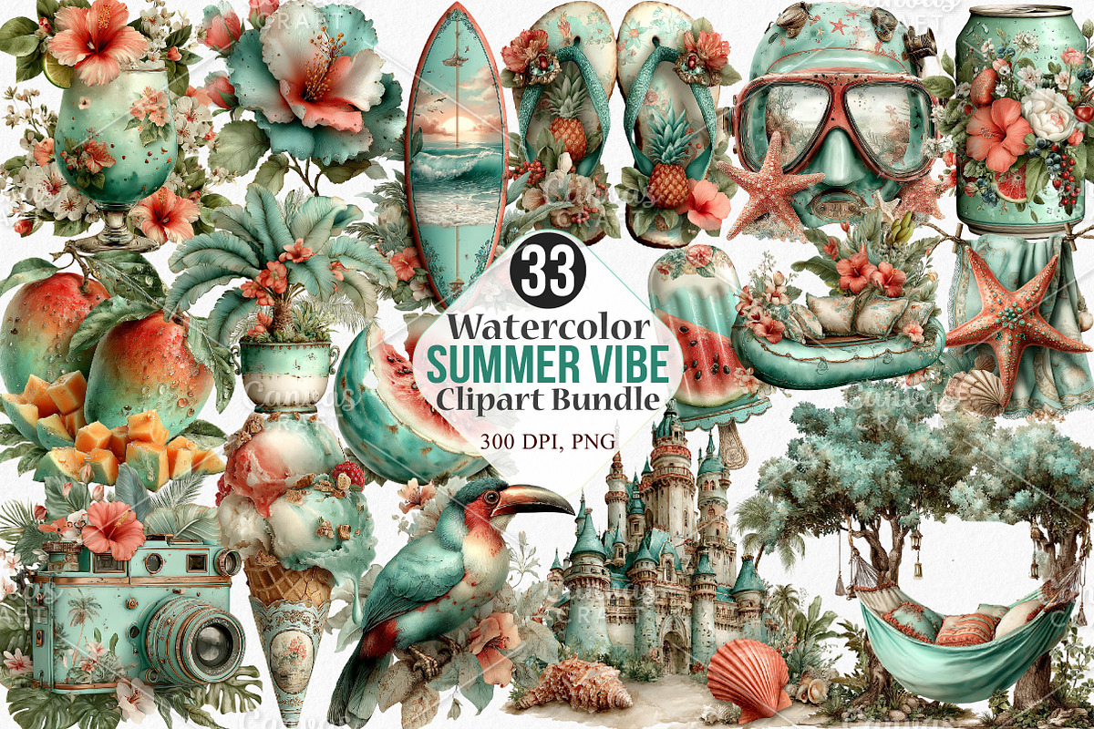 Watercolor Summer Vibe Clipart PNG, an Illustration by Canvas Craft (Photo 1 of 7)