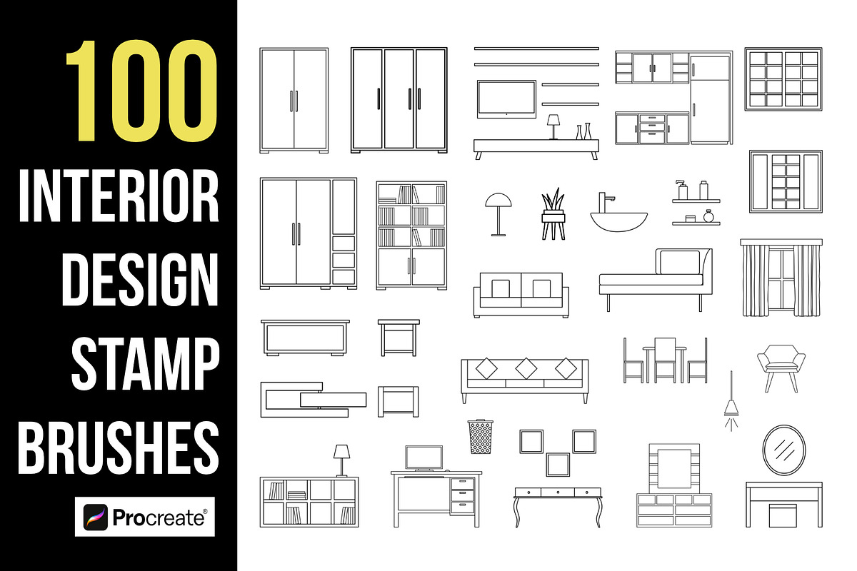 100 Interior Design Stamps Procreate, a Brush Add-On by aivos (Photo 1 of 6)