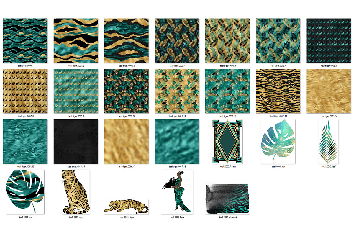 Teal and Gold Tiger Digital Paper, a Pattern Graphic by Digital Curio