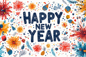 Happy new year festive illustration with bold text surrounded by, a Background Photo by José Manuel Gelpi