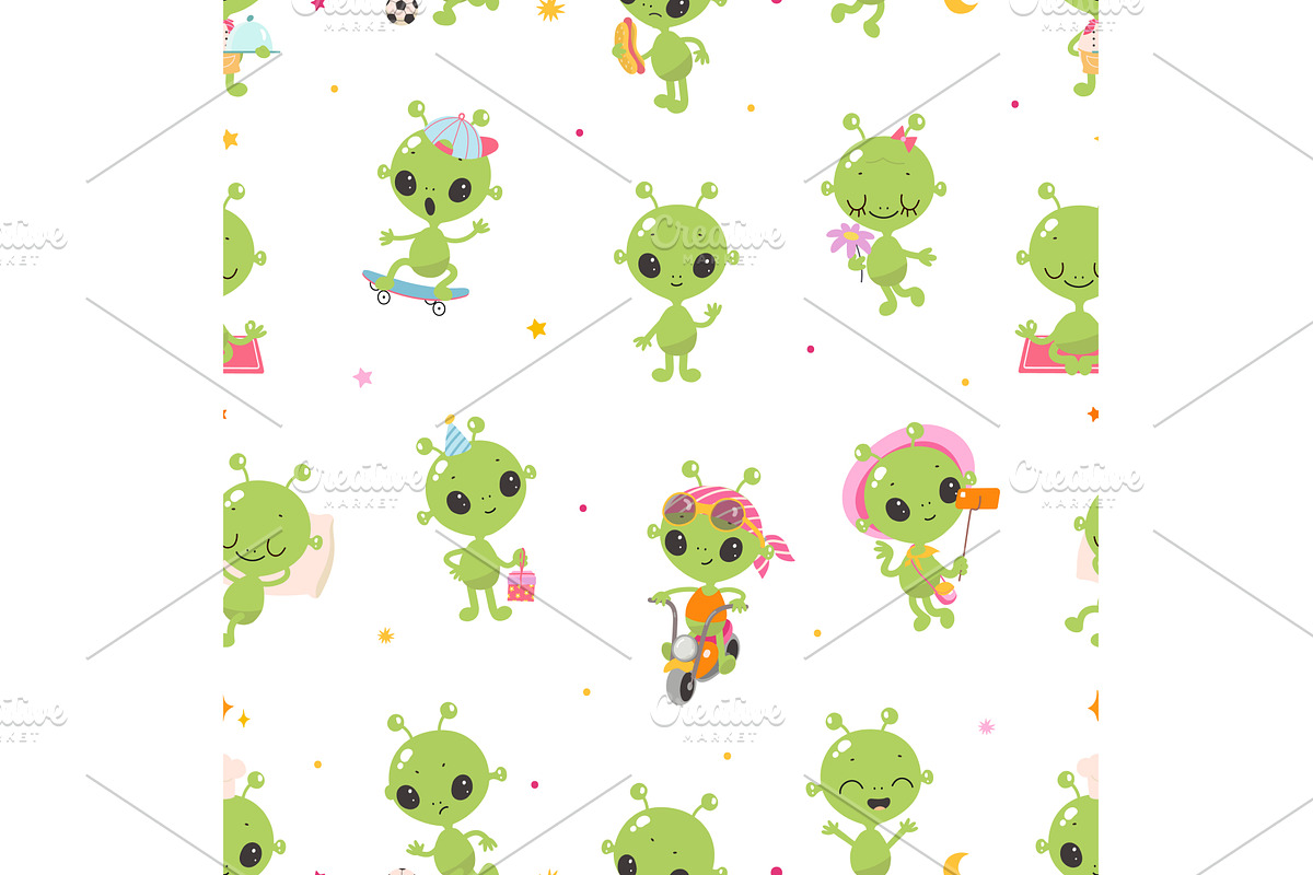 Cartoon green aliens seamless, an Illustration by Valerie Bodnar