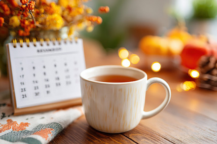 Cozy dorm desk adorned with autumn string lights and warm tea cup, a Food & Drink Photo by AlyaAnd